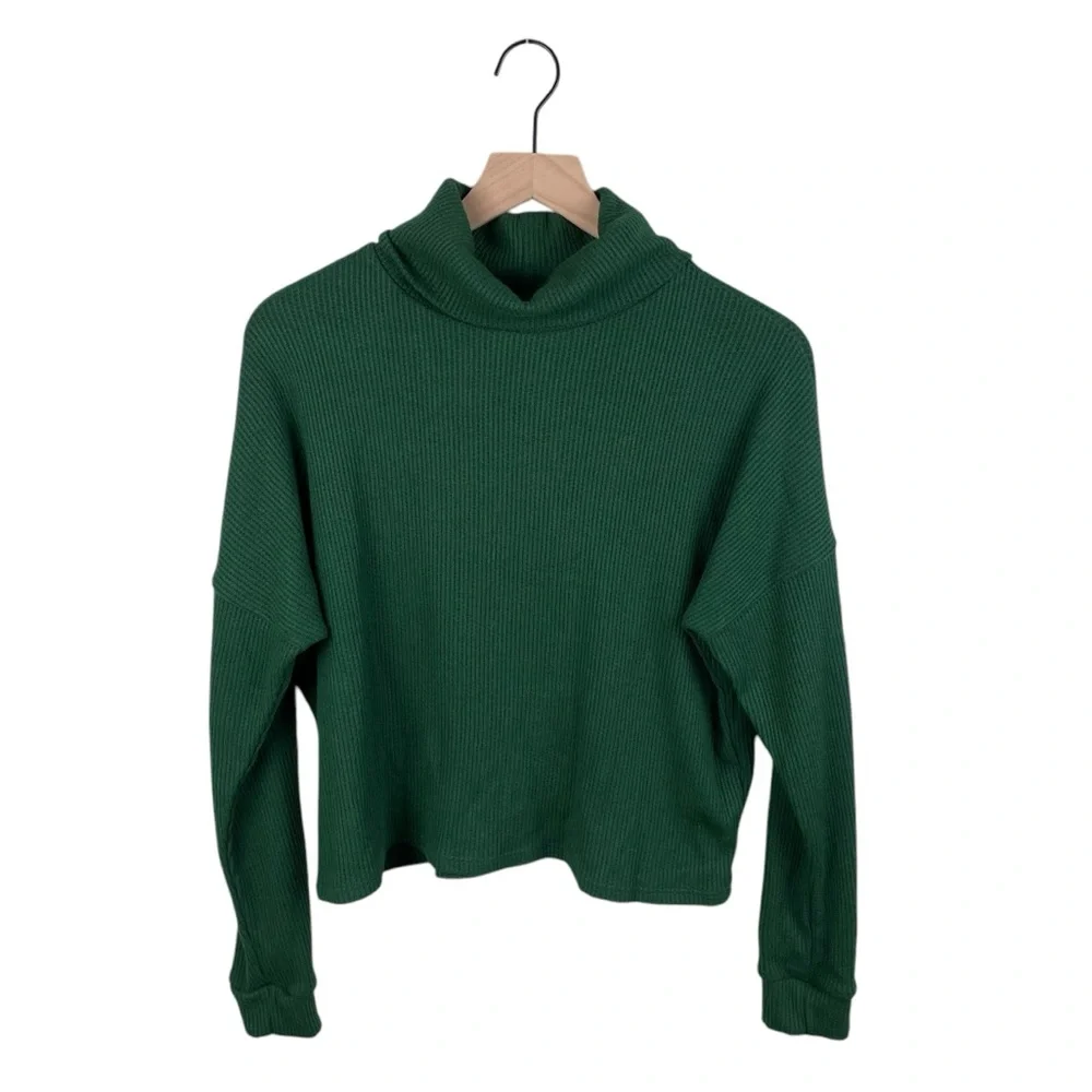Lulus Seasonal Essential Green Waffle Knit Turtleneck Long Sleeve Top Size Small